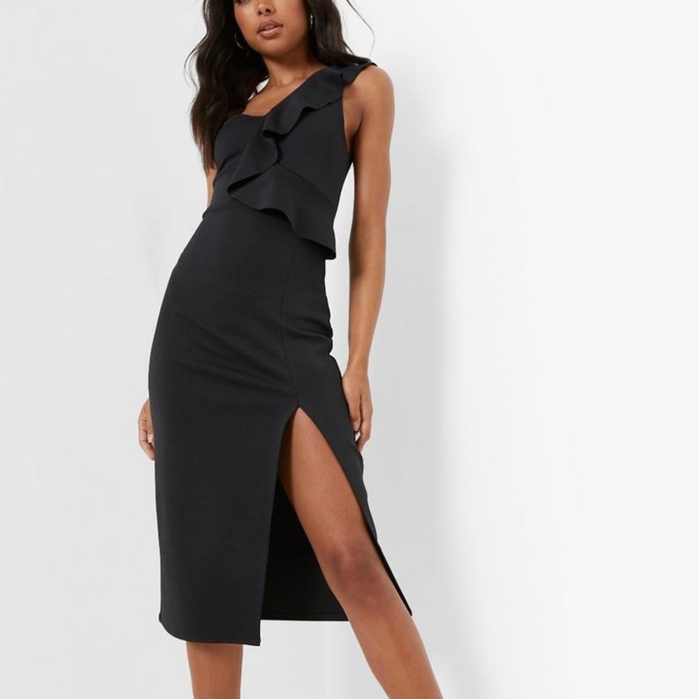 Black One Shoulder Midi Dress